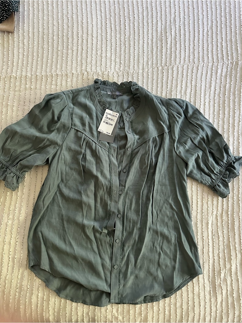 Nordstrom Green Ruffle-Trim Button Front Blouse